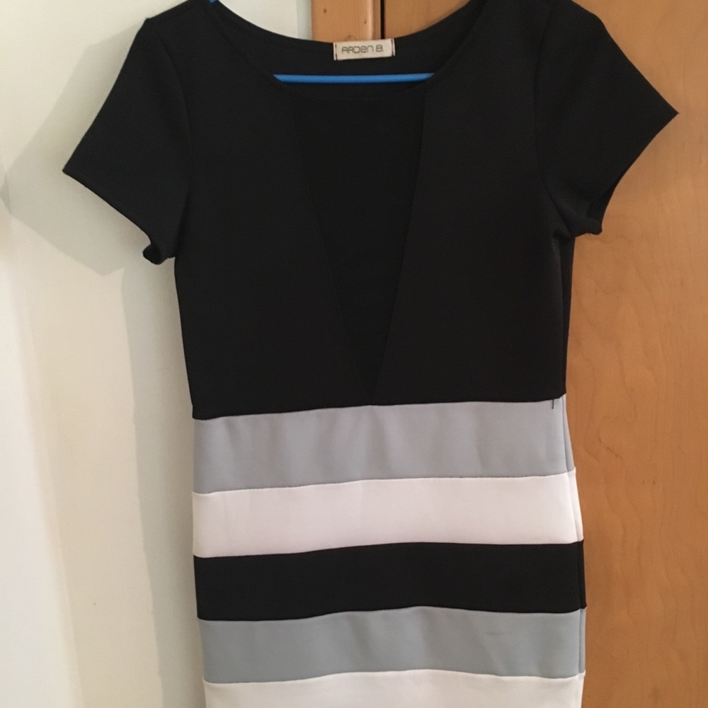 a black , white and grey knee length dress !